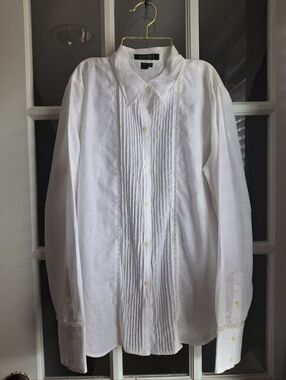 100% Linen Lauren Ralph Lauren White Pleated Front Dress Shirt